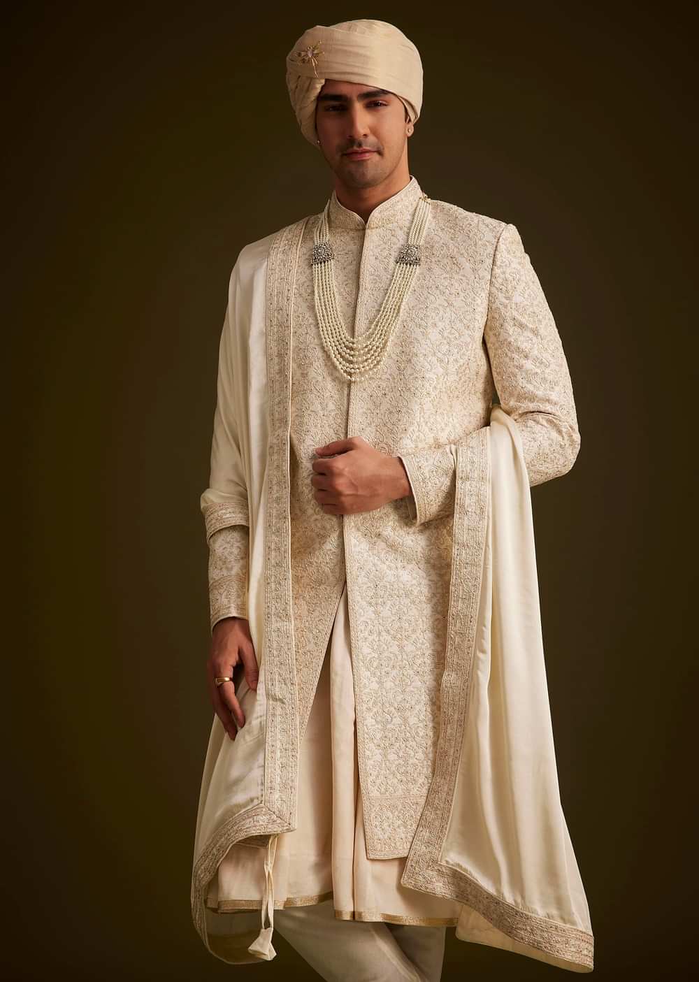 Beige Resham Embroidered Sherwani With Elegant Dupatta
