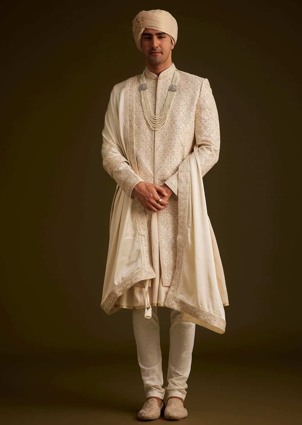 Beige Resham Embroidered Sherwani With Elegant Dupatta