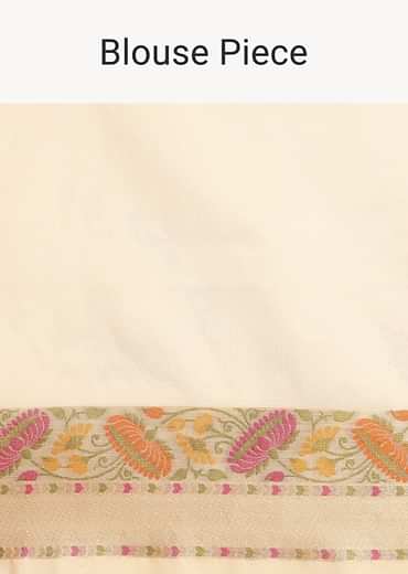 Beige Saree In Kora Silk With Floral Motif Multicolor Thread Work And Unstitched Blouse Piece