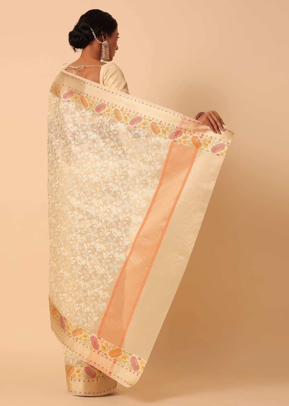 Beige Saree In Kora Silk With Floral Motif Multicolor Thread Work And Unstitched Blouse Piece