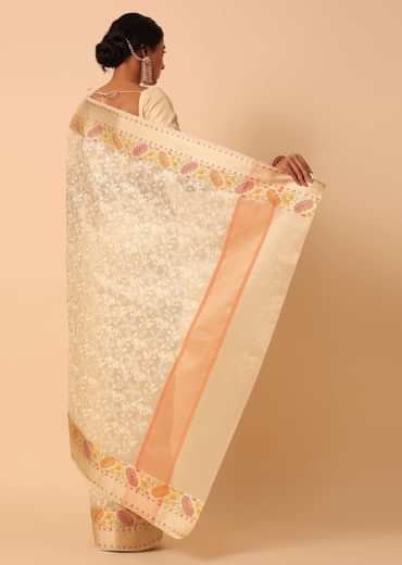 Beige Saree In Kora Silk With Floral Motif Multicolor Thread Work And Unstitched Blouse Piece