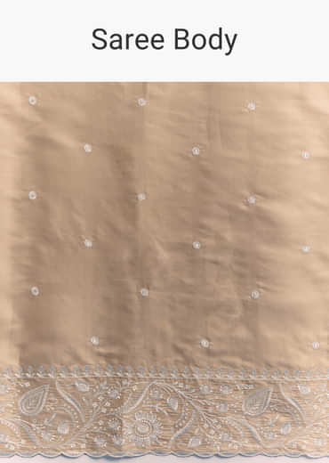 Beige Satin Cotton Saree With White Resham Embroidery