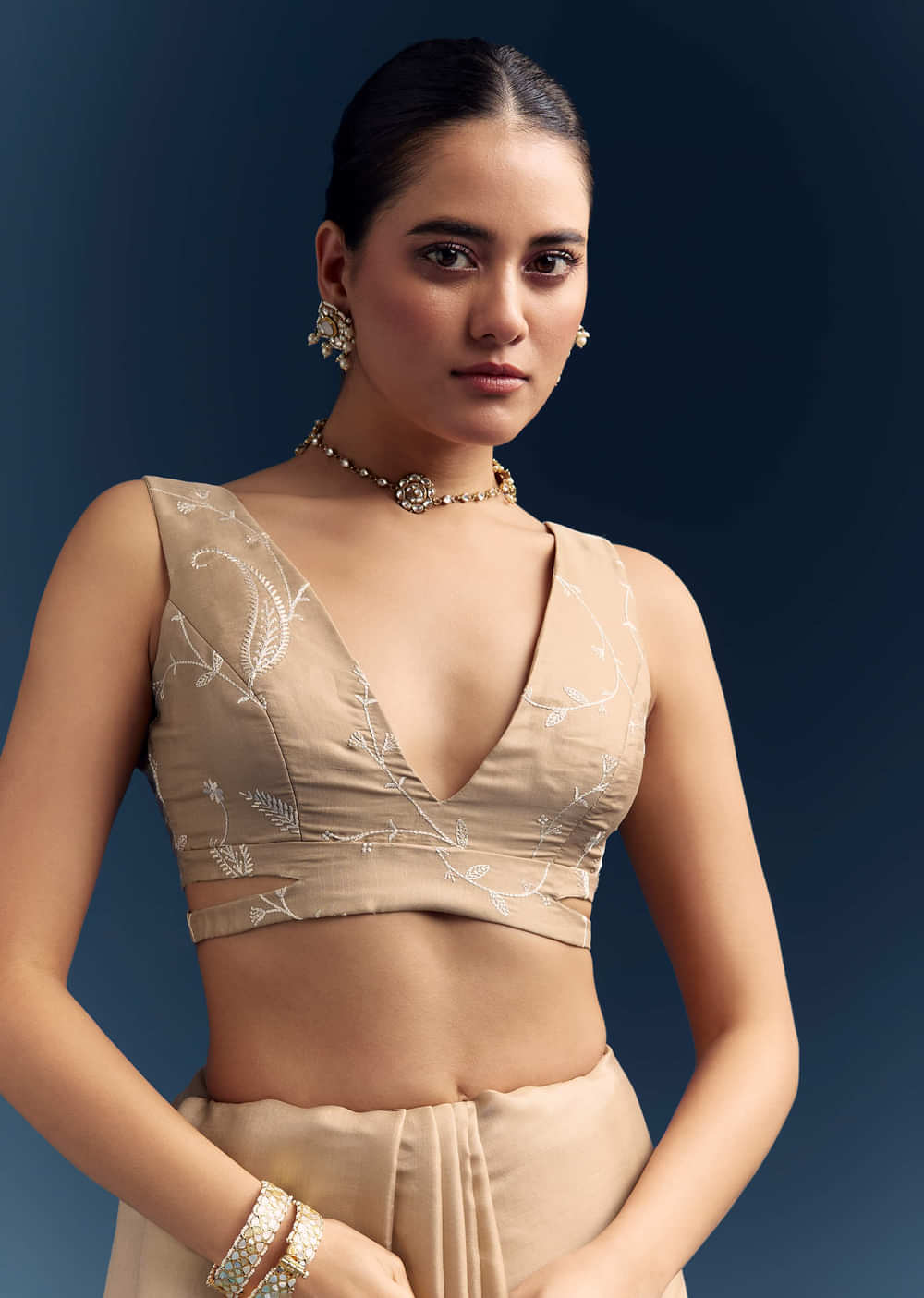 Beige Satin Cotton Saree With White Resham Embroidery