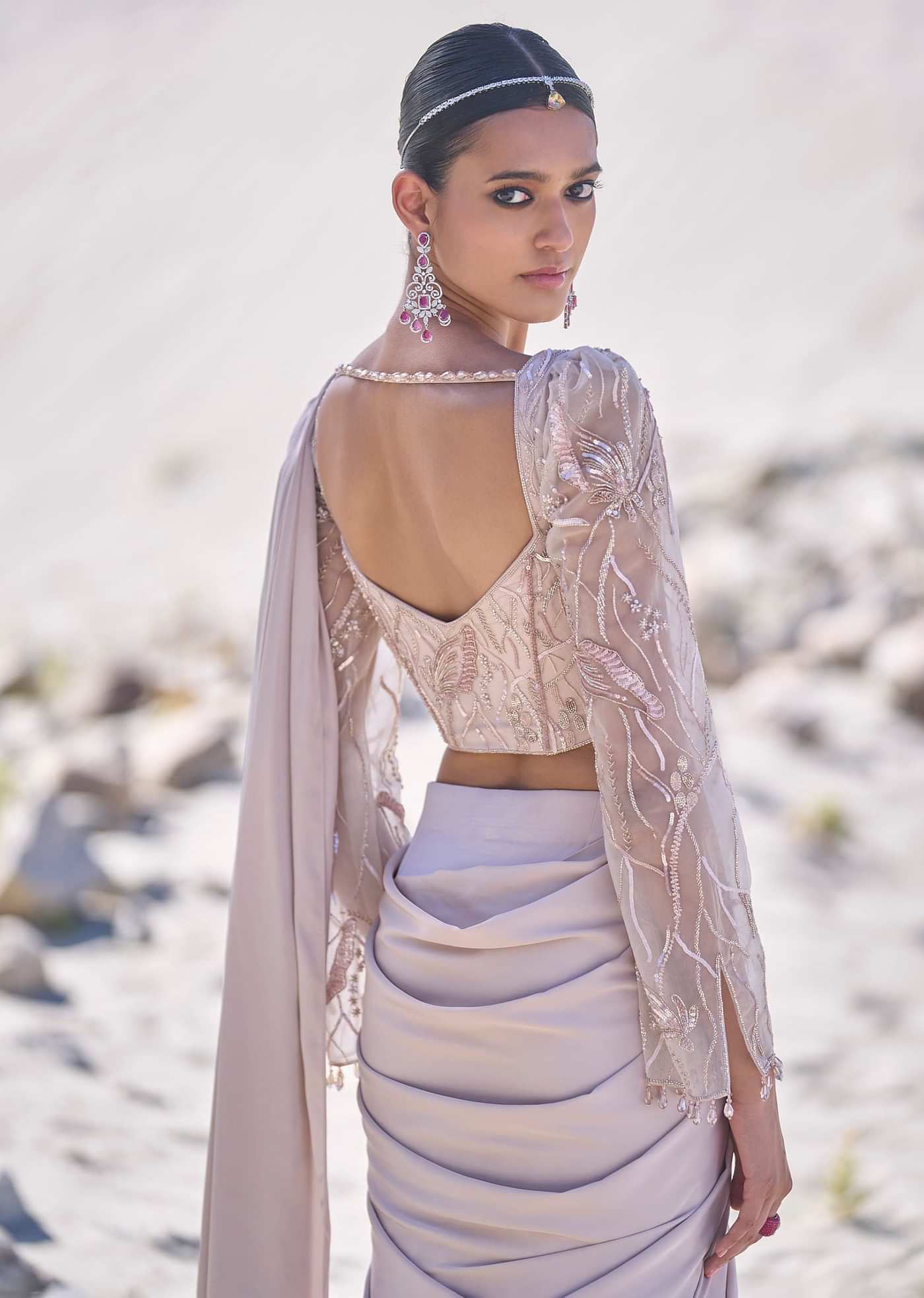 Beige Satin Pre Draped Saree With Embroidered Corset Blouse