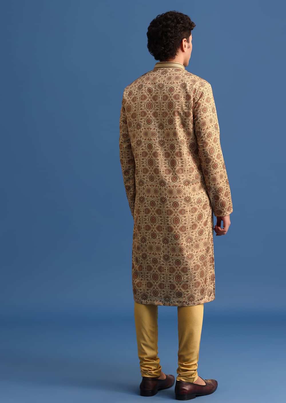 Beige Satin Printed Kurta Set For Men