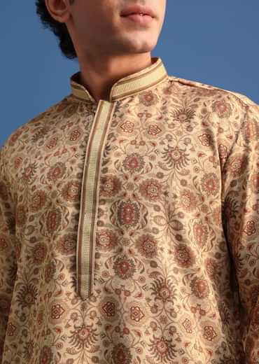 Beige Satin Printed Kurta Set For Men