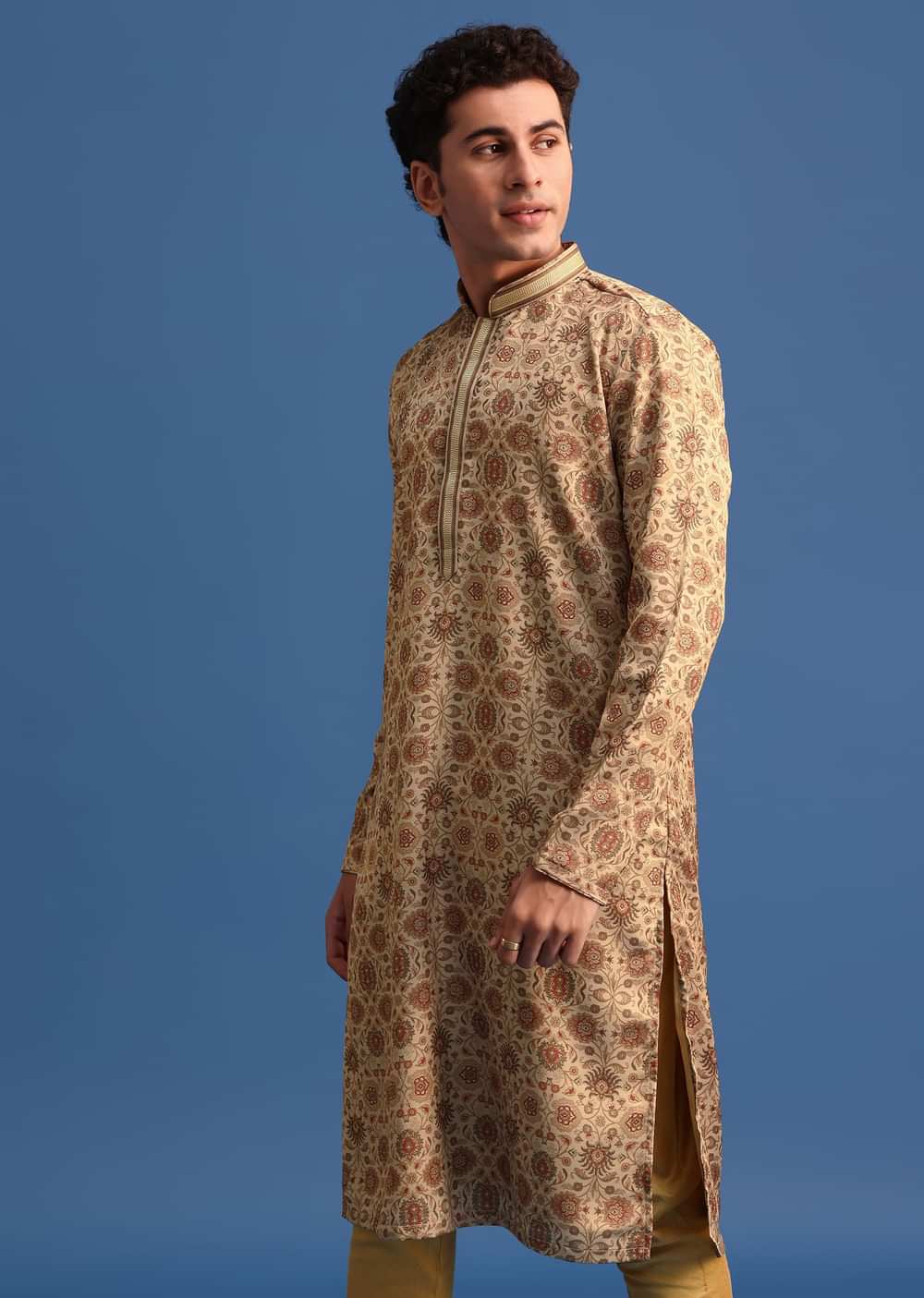 Beige Satin Printed Kurta Set For Men