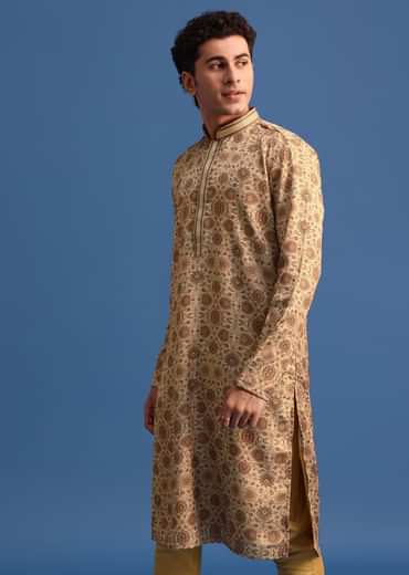 Beige Satin Printed Kurta Set For Men