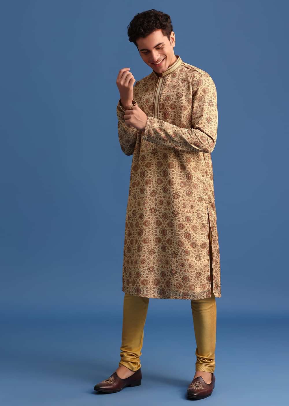 Beige Satin Printed Kurta Set For Men