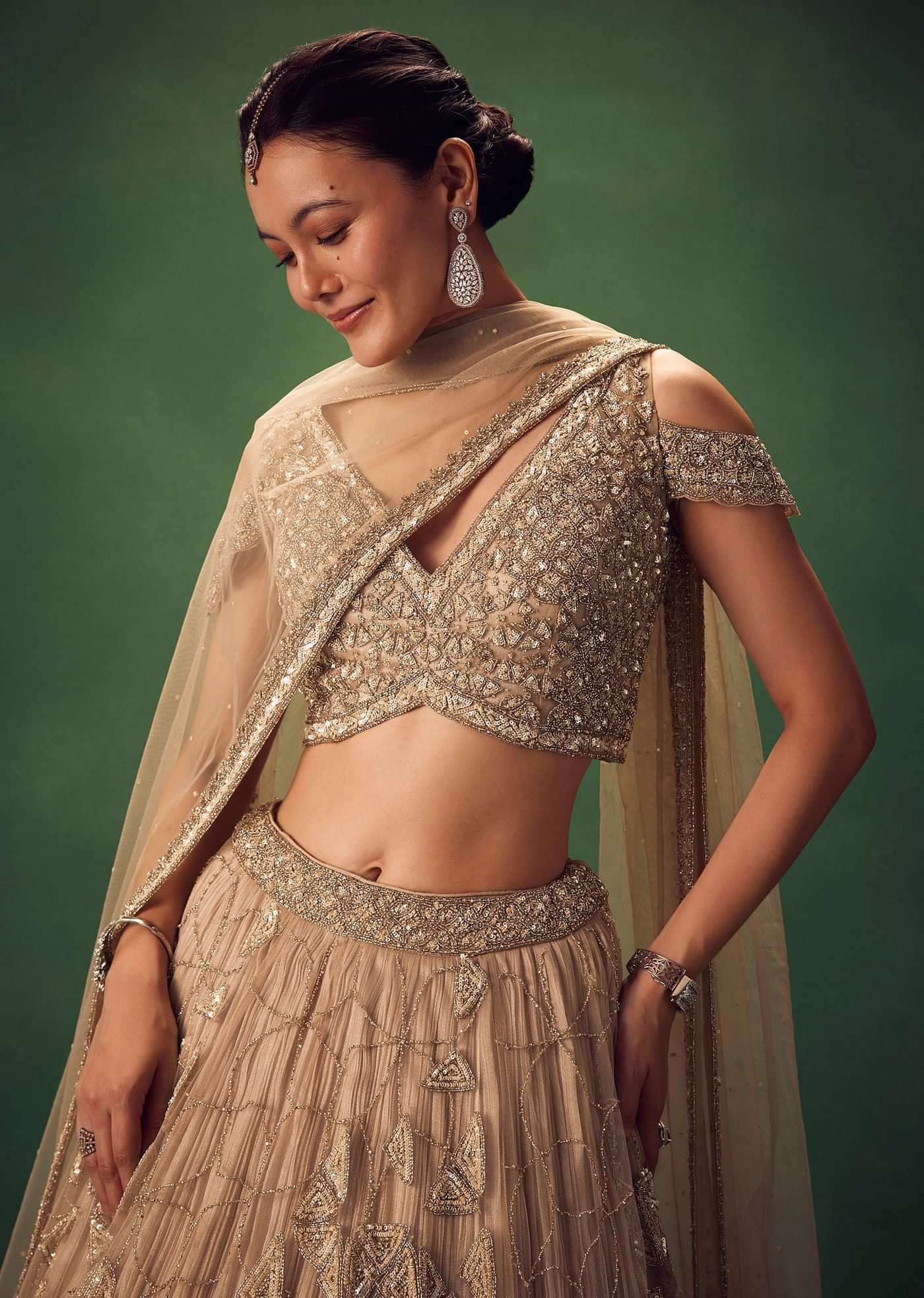 Beige Sequin Lehenga Set