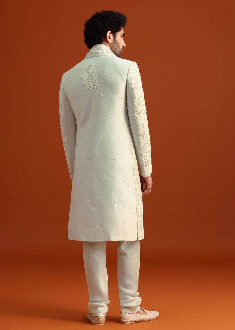 Beige Sherwani Set With Dupatta With Hand Work