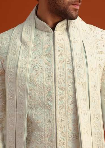 Beige Sherwani Set With Dupatta With Hand Work
