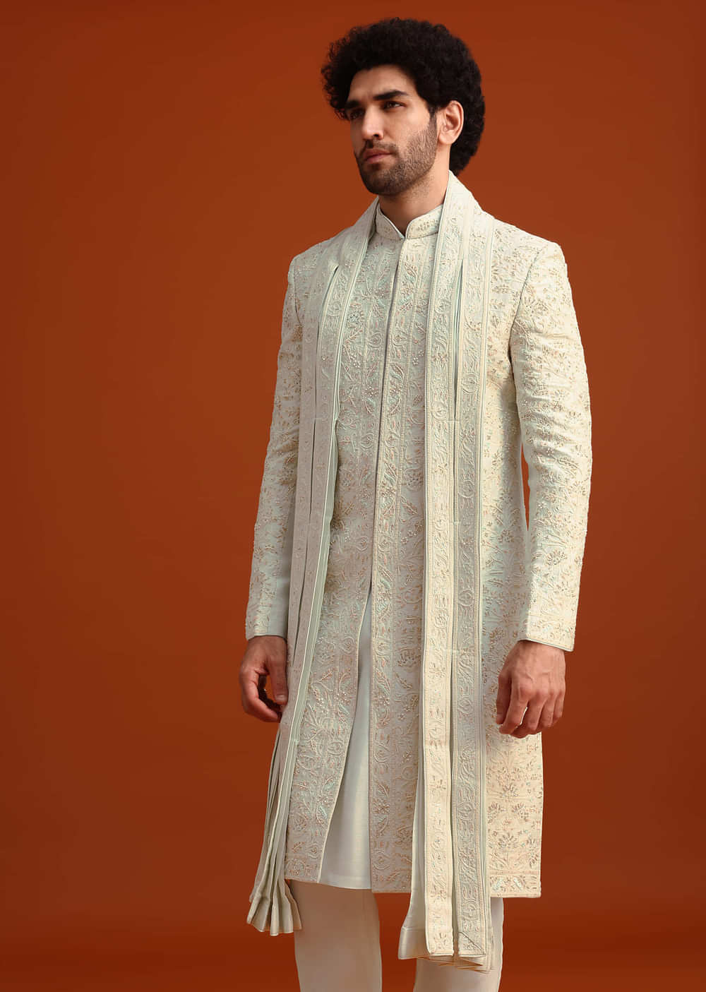 Beige Sherwani Set With Dupatta With Hand Work