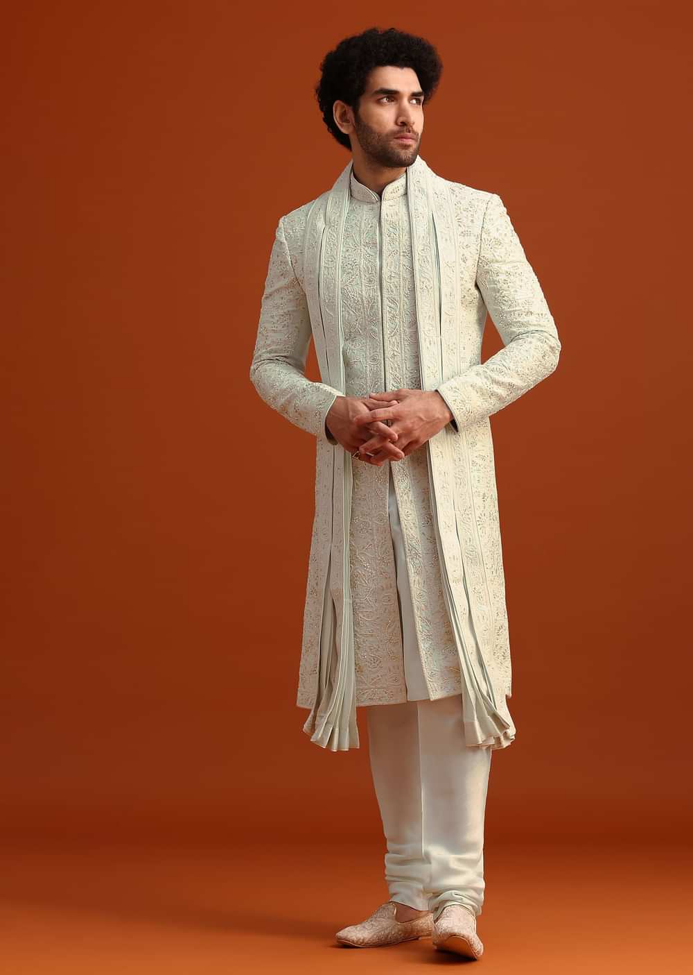 Beige Sherwani Set With Dupatta With Hand Work