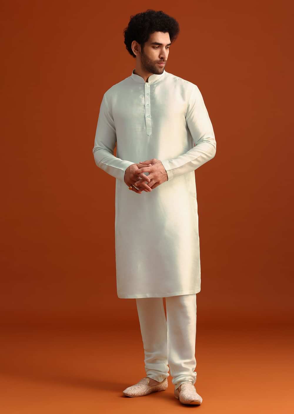 Beige Sherwani Set With Dupatta With Hand Work