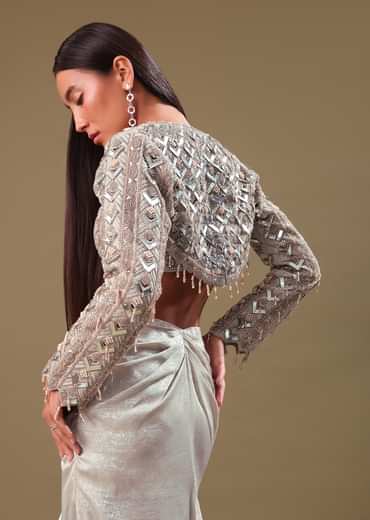 Beige Hand Embroidered Blouse And Drape Skirt With Cape