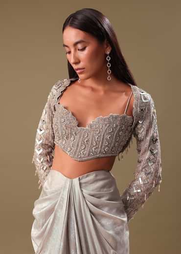 Beige Hand Embroidered Blouse And Drape Skirt With Cape