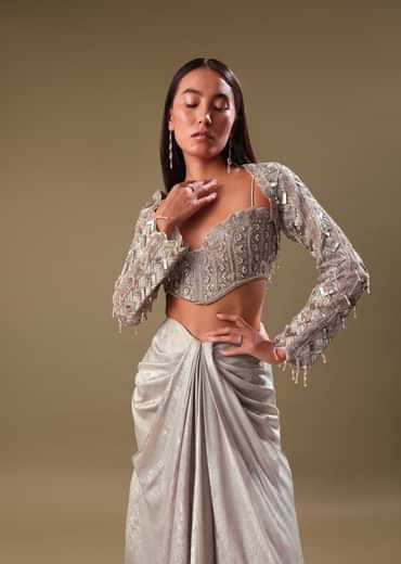 Beige Hand Embroidered Blouse And Drape Skirt With Cape