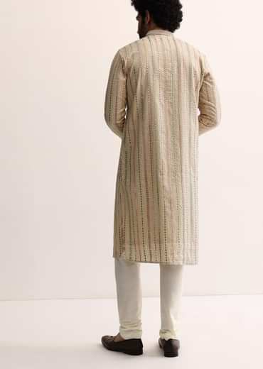 Beige Silk Abla Work Kurta Set For Men