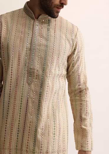 Beige Silk Abla Work Kurta Set For Men