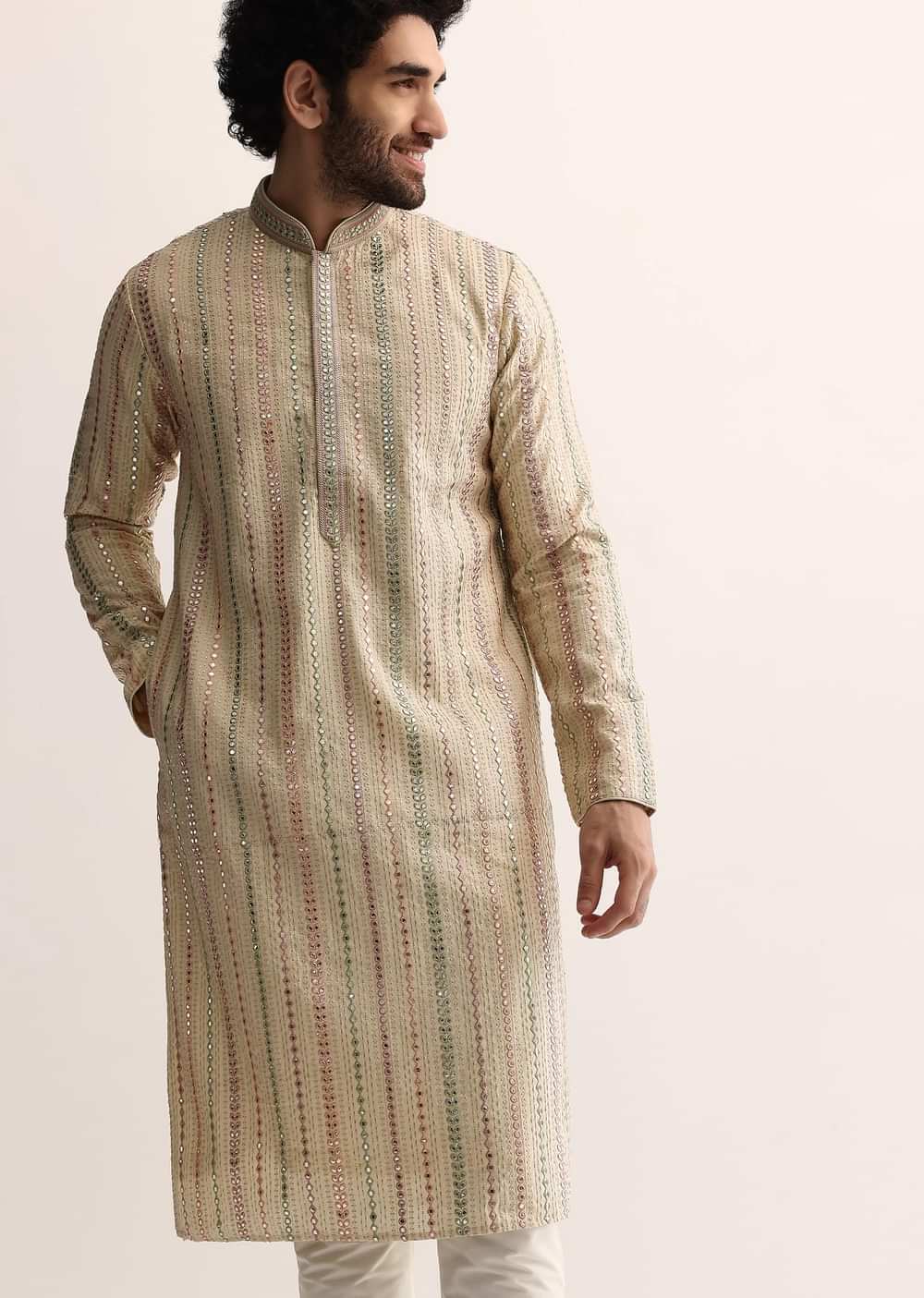 Beige Silk Abla Work Kurta Set For Men