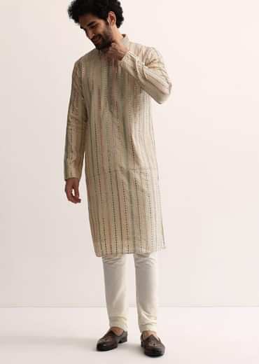 Beige Silk Abla Work Kurta Set For Men