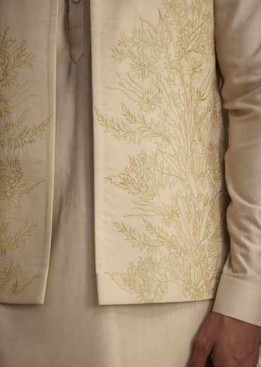 Beige Silk Blend Kurta Set With Embroidered Nehru Jacket