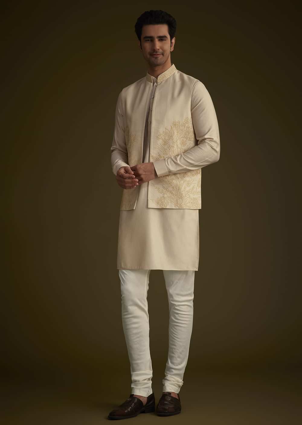 Beige Silk Blend Kurta Set With Embroidered Nehru Jacket