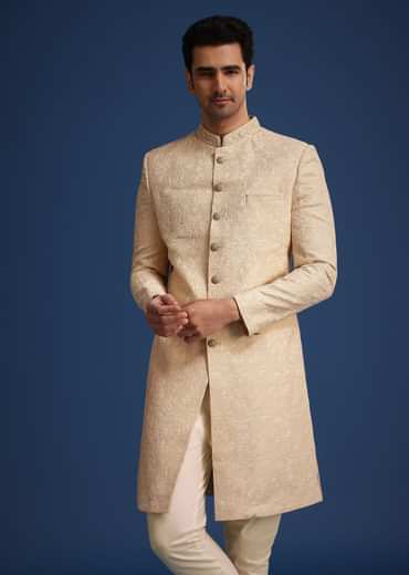 Beige Silk Blend Sherwani Set