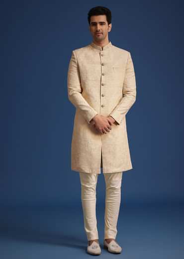 Beige Silk Blend Sherwani Set