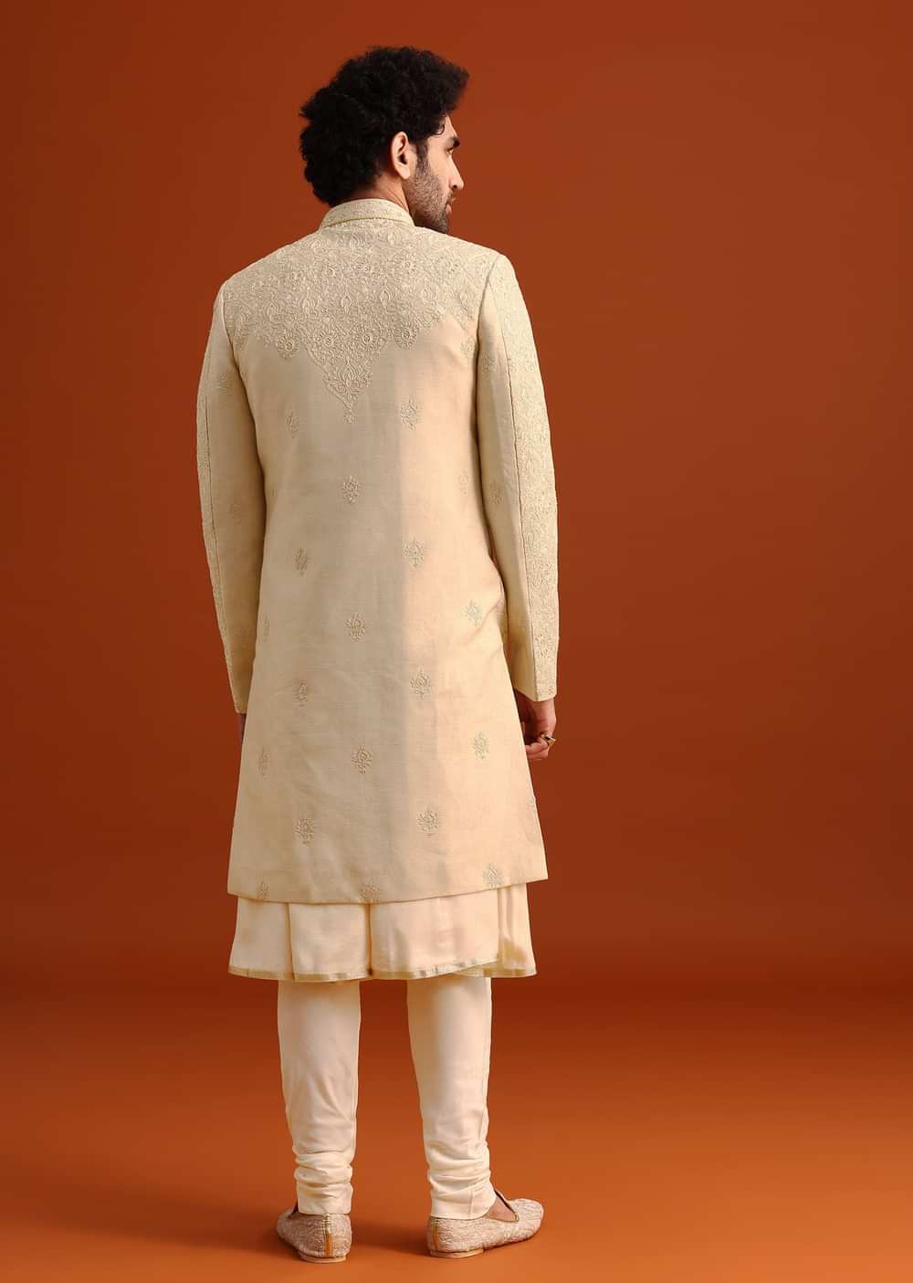 Beige Silk Embroidered Sherwani And Kurta Set With Dupatta