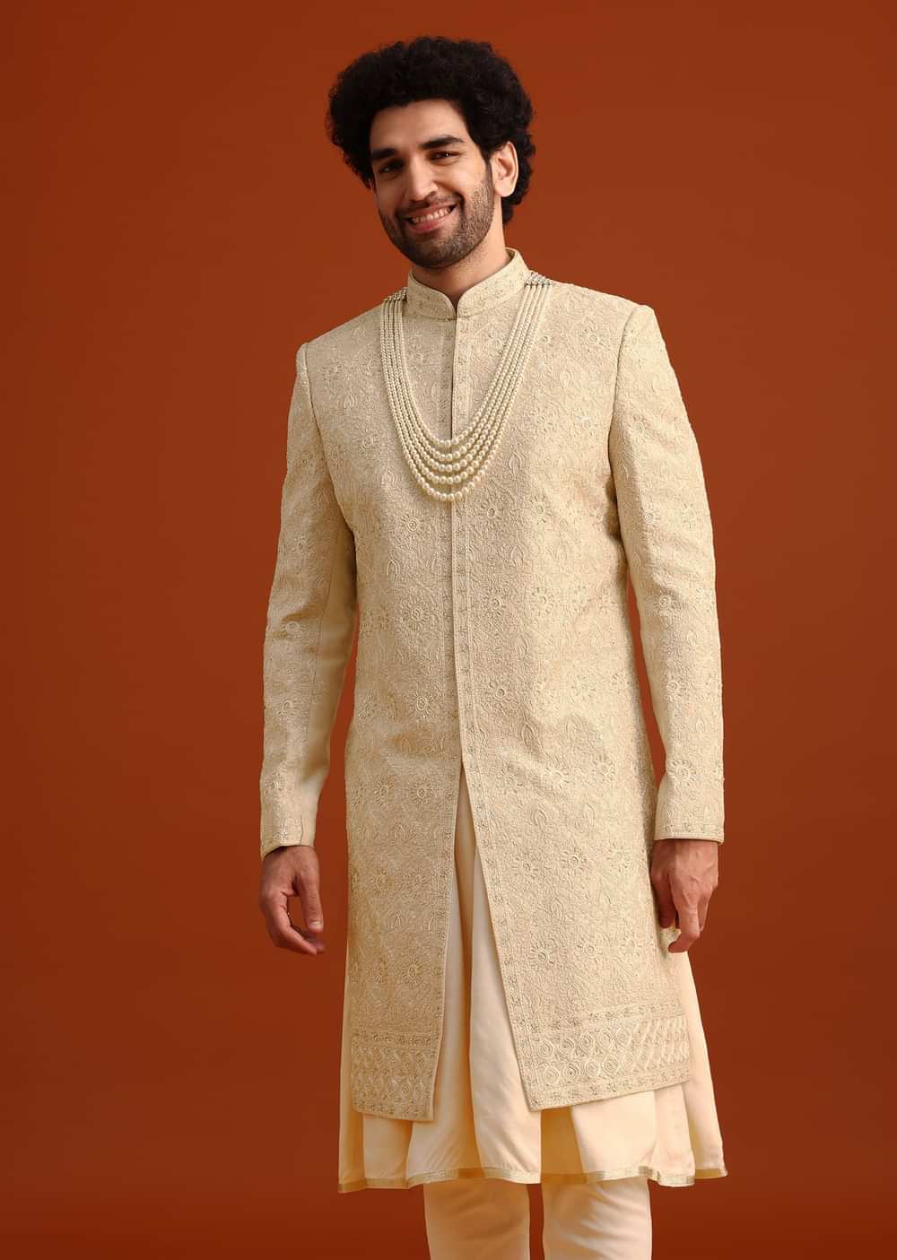 Beige Silk Embroidered Sherwani And Kurta Set With Dupatta