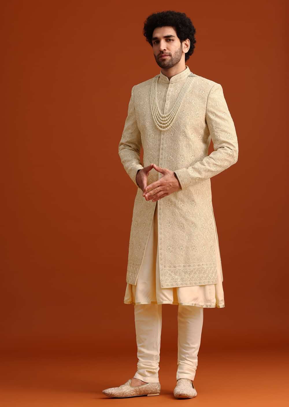Beige Silk Embroidered Sherwani And Kurta Set With Dupatta