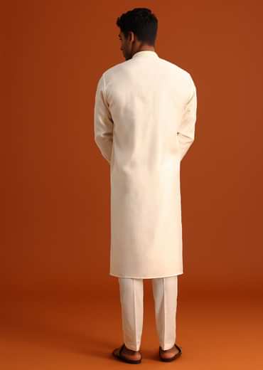 Beige Silk Kurta Set With Printed And Embroidered Work