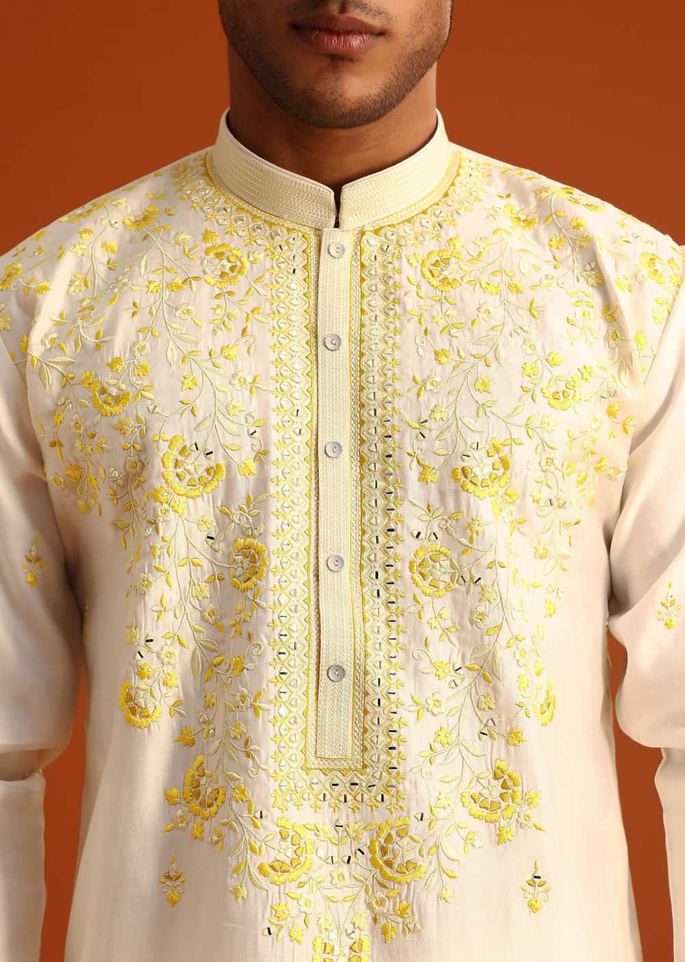 Beige Silk Kurta Set With Printed And Embroidered Work