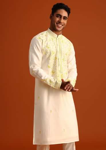 Beige Silk Kurta Set With Printed And Embroidered Work