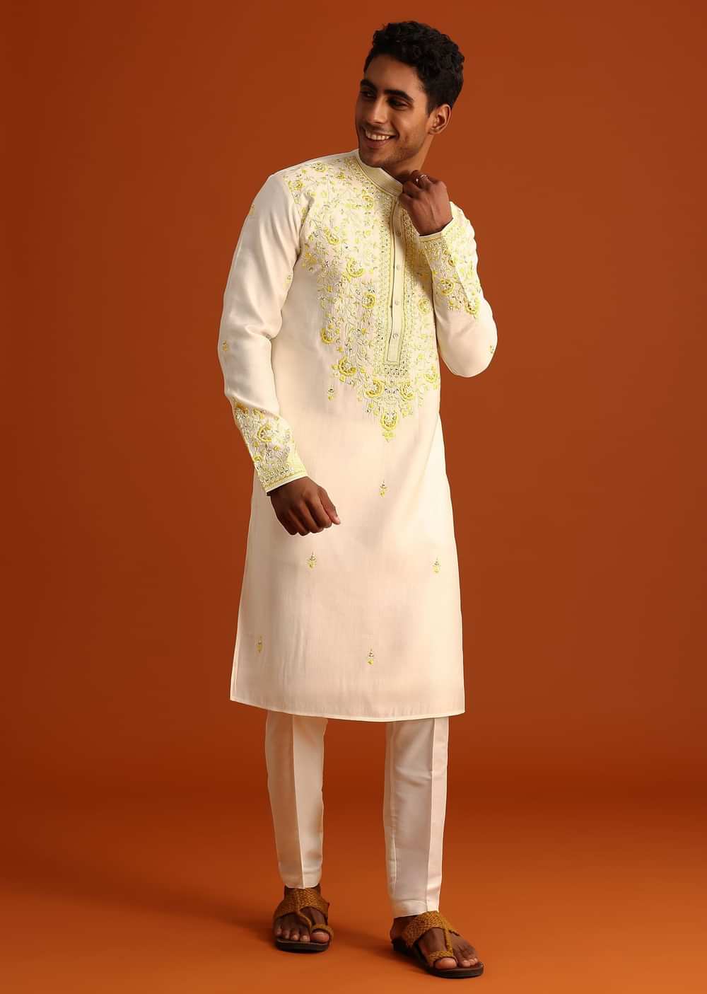 Beige Silk Kurta Set With Printed And Embroidered Work