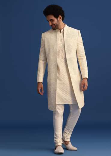 Beige Silk Sherwani And Kurta Set With Zardozi Embroidery