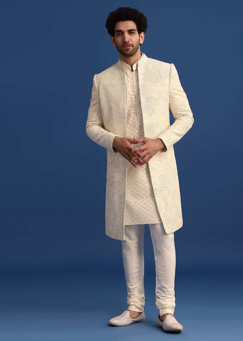 Beige Silk Sherwani And Kurta Set With Zardozi Embroidery