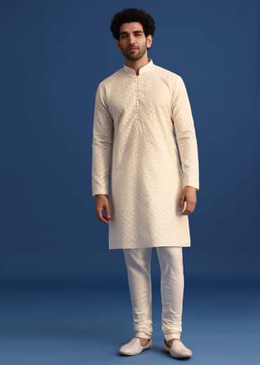 Beige Silk Sherwani And Kurta Set With Zardozi Embroidery