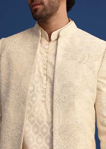 Beige Silk Sherwani And Kurta Set With Zardozi Embroidery