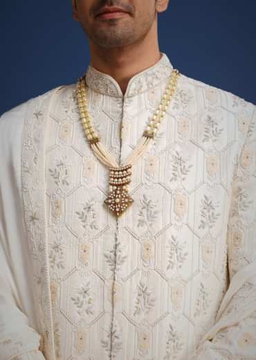 Beige Silk Sherwani Set With Mala And Dupatta