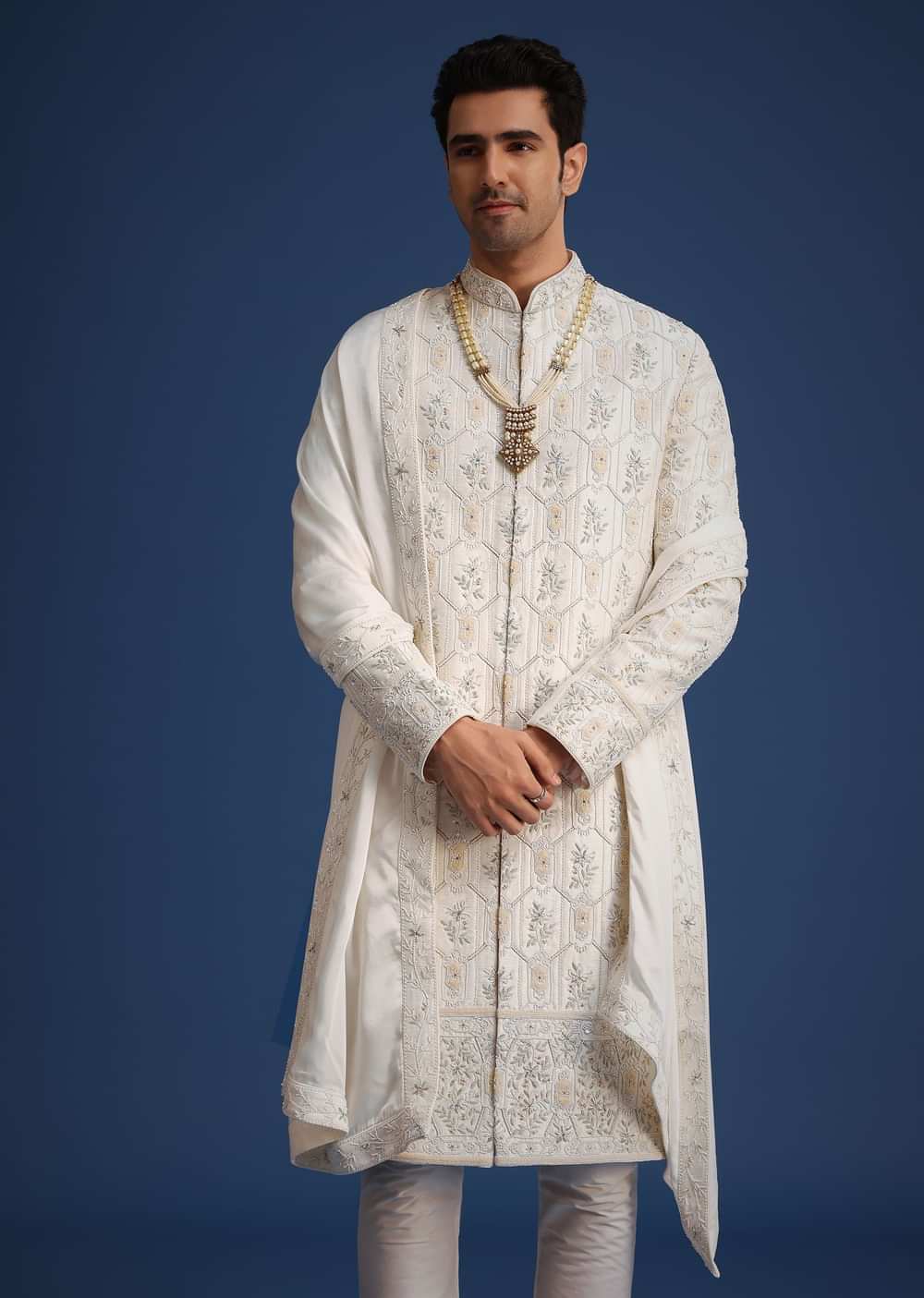Beige Silk Sherwani Set With Mala And Dupatta