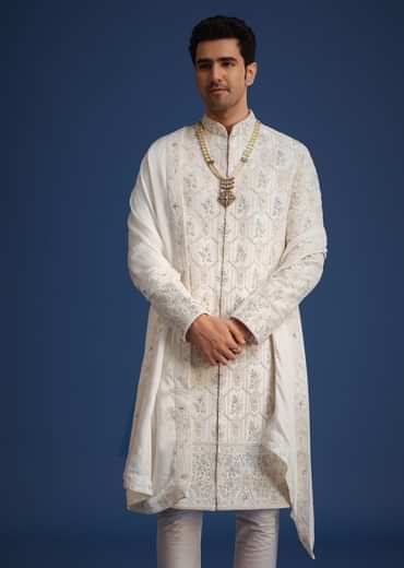 Beige Silk Sherwani Set With Mala And Dupatta
