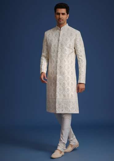 Beige Silk Sherwani Set With Mala And Dupatta