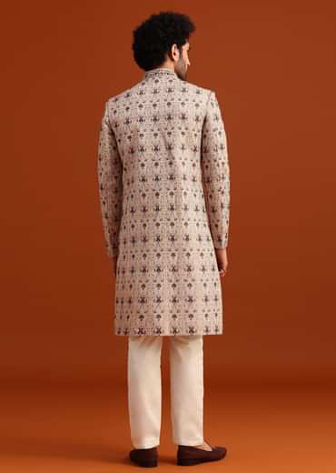 Beige Silk Sherwani Set With Resham Work