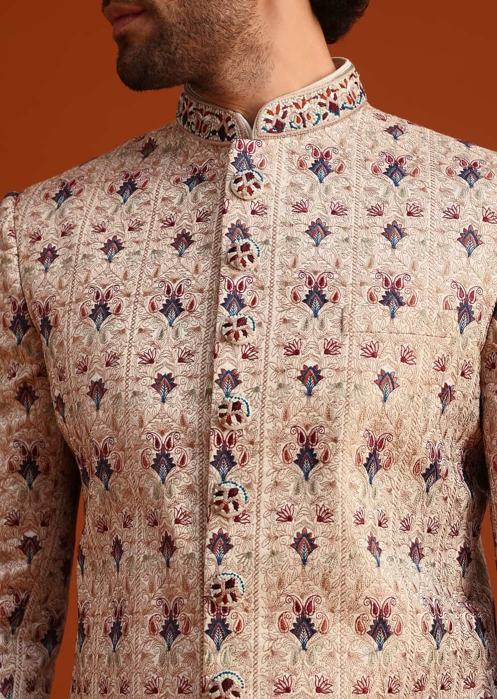 Beige Silk Sherwani Set With Resham Work