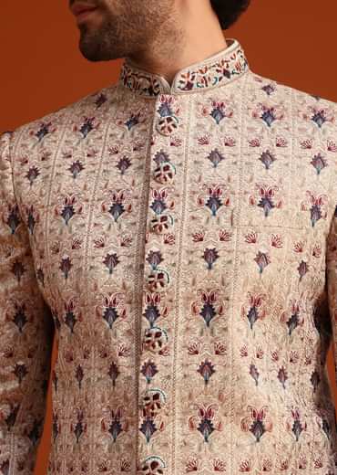 Beige Silk Sherwani Set With Resham Work