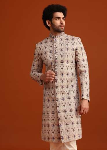 Beige Silk Sherwani Set With Resham Work