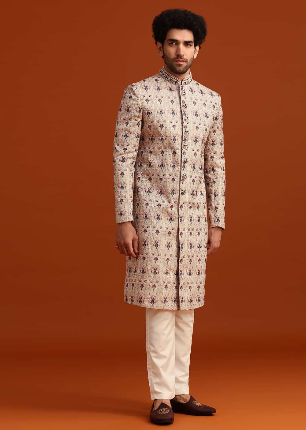 Beige Silk Sherwani Set With Resham Work